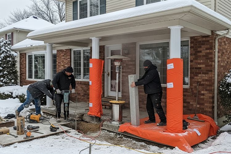 contractors working in winter, the worst for replacing porch columns in different seasons