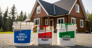Buckets of acrylic, oil-based, and latex paints placed in front of a wooden house, showing options for the best exterior paint for wood.