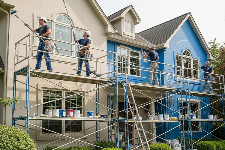 skilled painters handling a complex exterior project with special tools and scaffolding