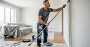 A man using a roller to demonstrate how to paint a room with smooth, even coverage.