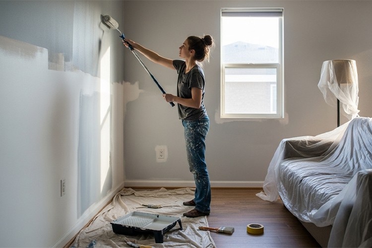 A woman rolling paint on a wall while demonstrating how to paint a room step by step.