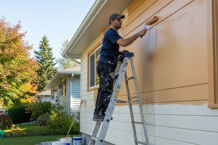 A homeowner applying a fresh coat while learning how to paint a house exterior.
