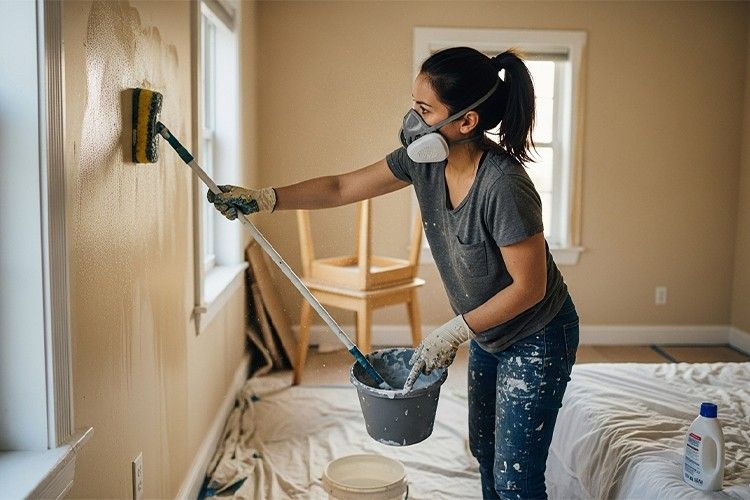 A woman cleaning a wall before painting as part of how to paint a room properly.