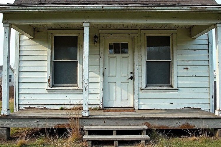 Weathered old house exterior showing peeling paint and damage for how to paint an old house exterior.