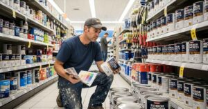 Contractor comparing products to choose the best outdoor concrete paint for exterior surfaces in a paint store.