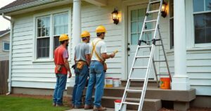 Professional painters preparing equipment for how to paint an old house exterior on a white siding home.