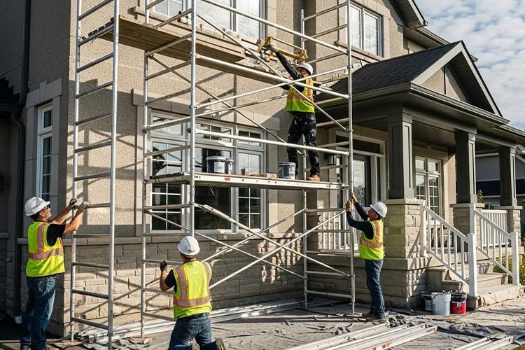 Professional painters applying the best outdoor concrete paint to exterior concrete surfaces on a residential building.