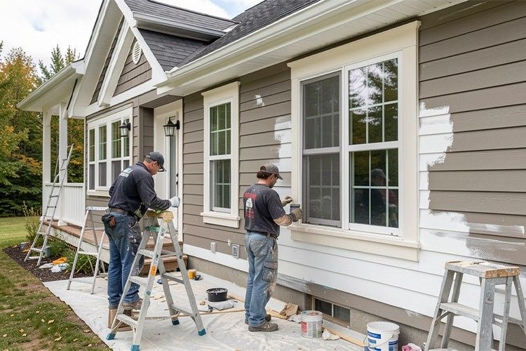 Professional painters prepping siding to apply longest lasting exterior paint for exterior walls.