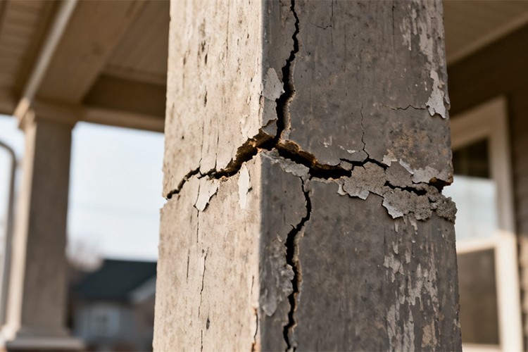 damaged porch column with serious cracks
