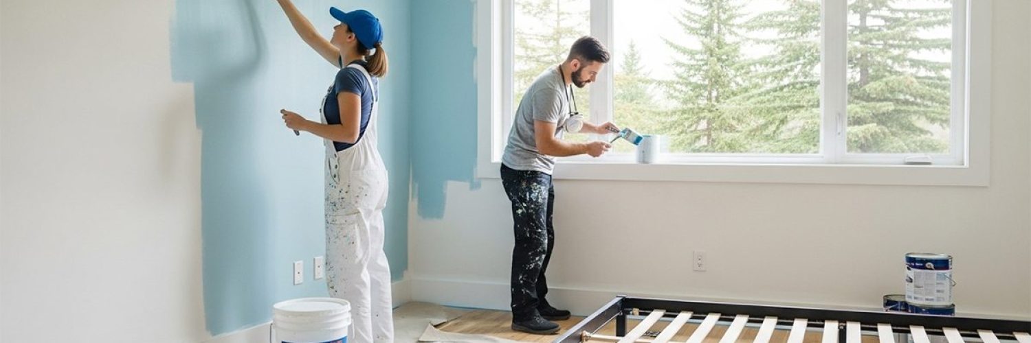 A couple paint their house bedroom