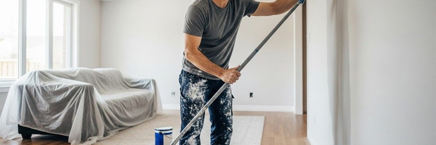 A man using a roller to demonstrate how to paint a room with smooth, even coverage.
